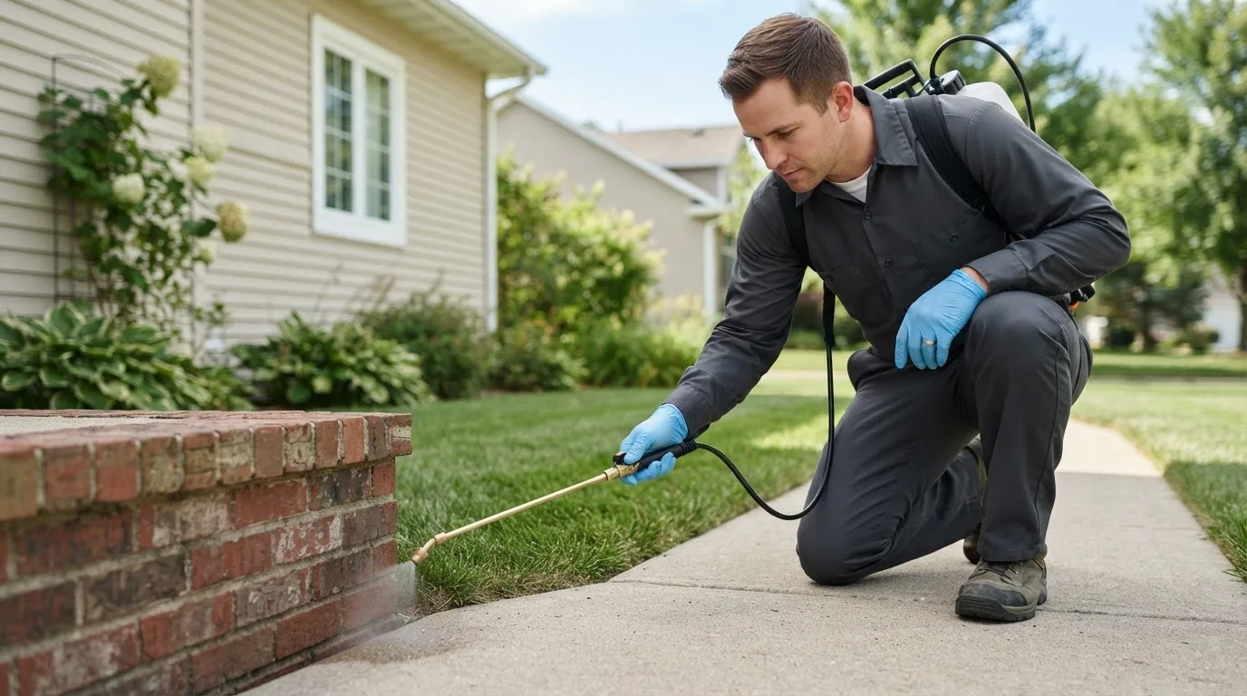 Pest control technician treating a home near Rushford, MN